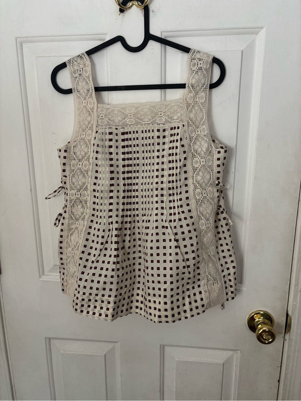 Madewell Cream Cami with Brown Windowpane Pattern and Lace Straps NWOT
